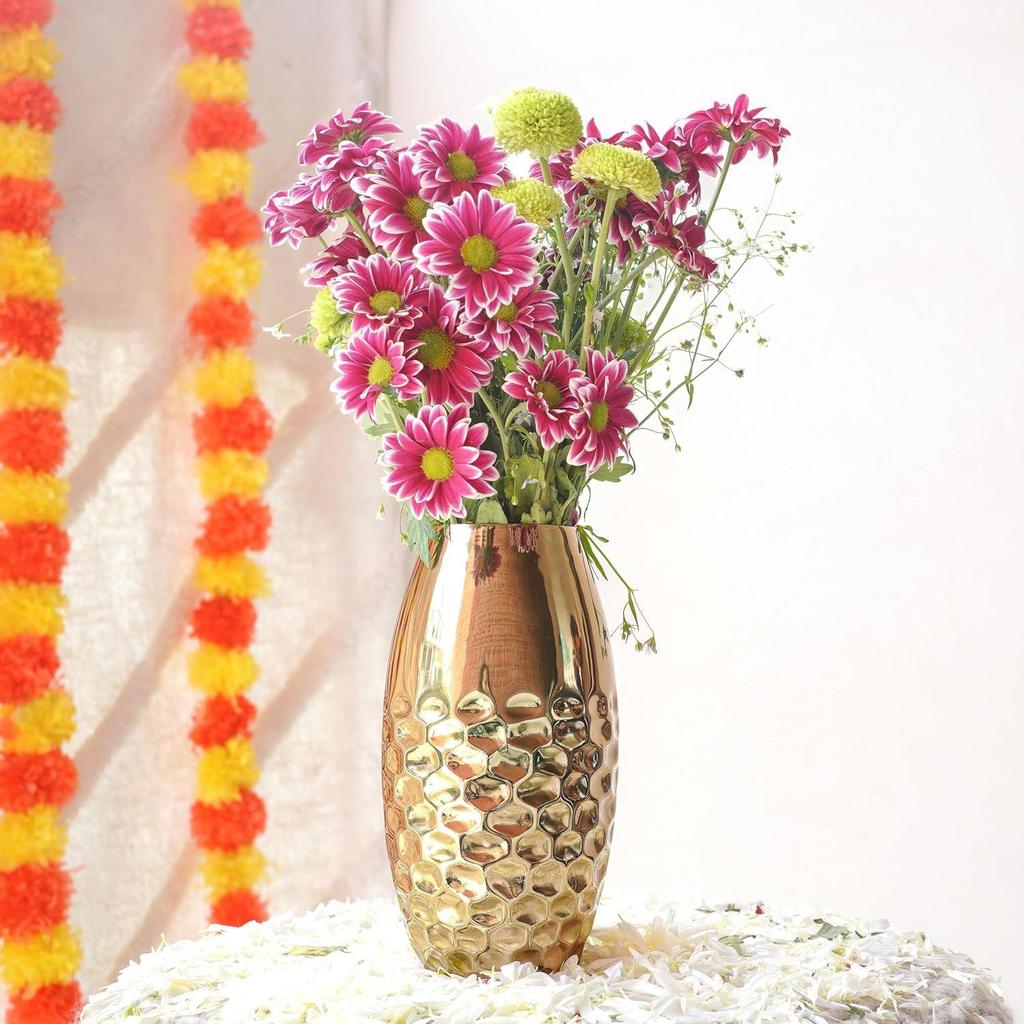 Metal Hammered Vase for Home Decor, Golden