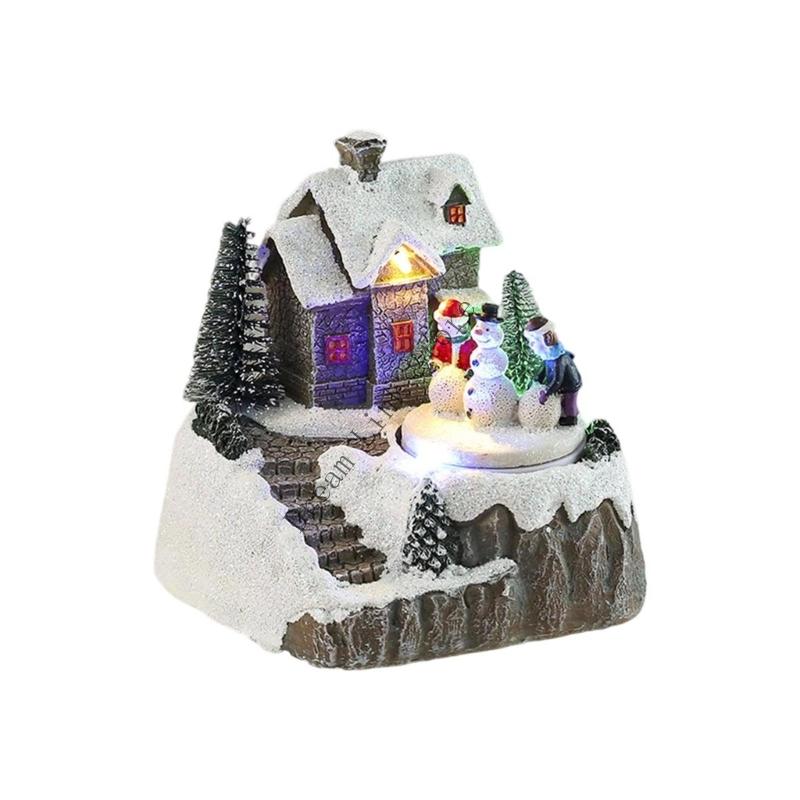 Q1FD Christmas Music Box Snow House Ornament with LED Light Handmade Desk Decoration