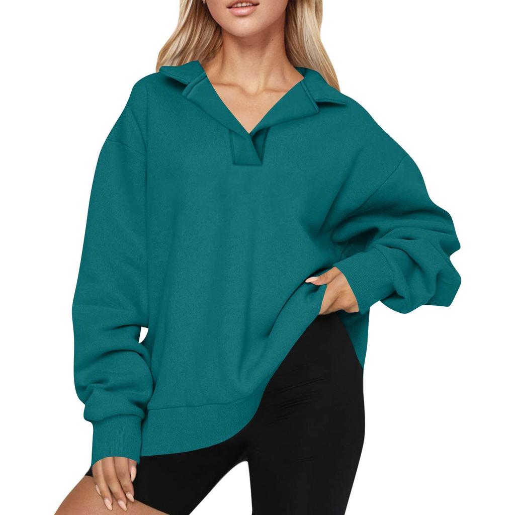 Women's Fashion Long Sleeve Solid Color V-Neck Loose Sweatshirt Top