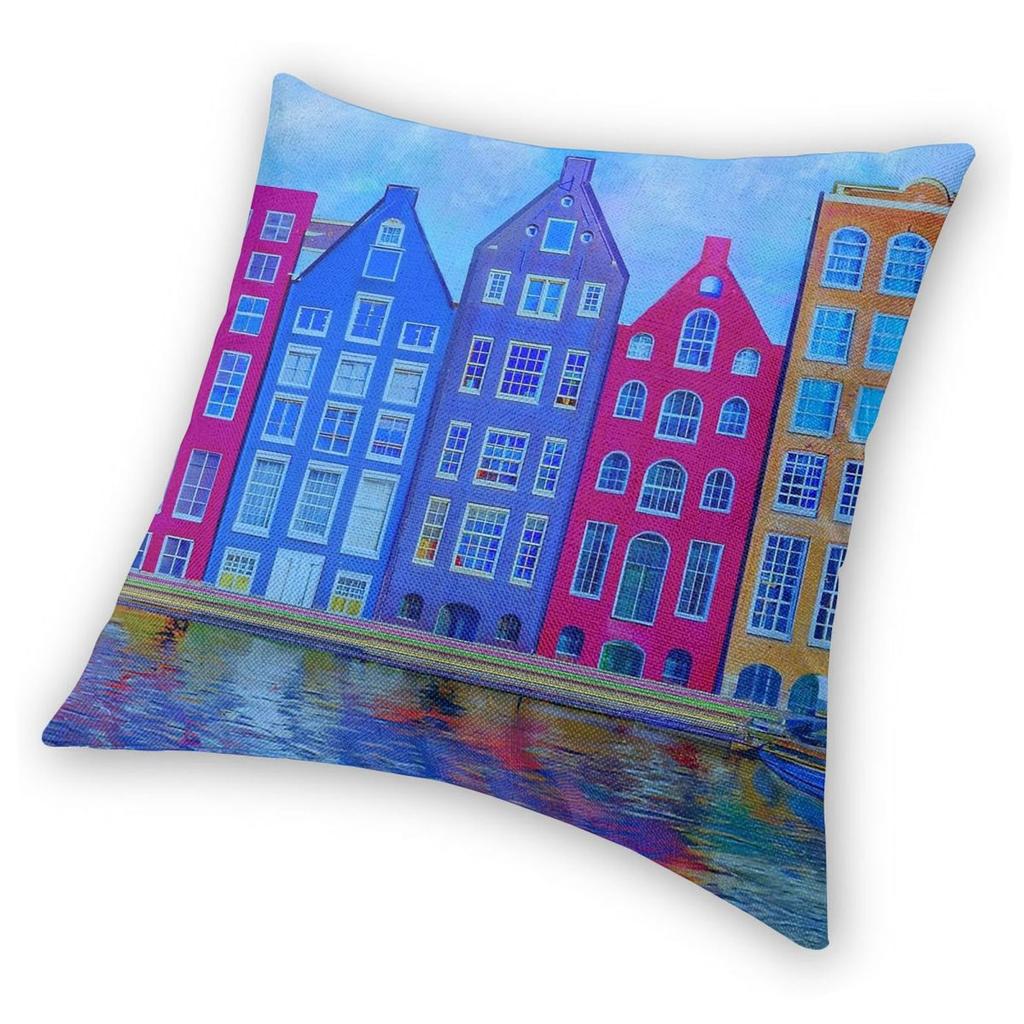 Amsterdam Reihenhäuser Quadratische Kissenhülle Polyester Leinen Samt Kreativer Reißverschluss Dekor Kissenbezug Auto Kissenbezug 18"