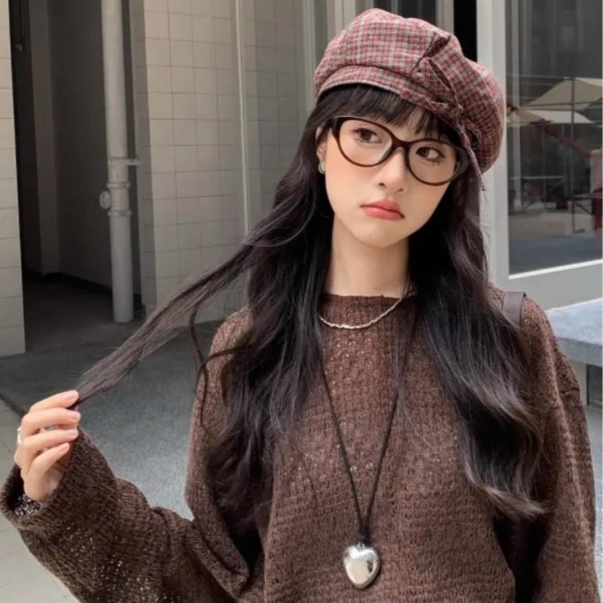 Japanese Retro Plaid Beret Children's New Literary and Versatile Painter Hat Strap Bow Pumpkin Hat Trend