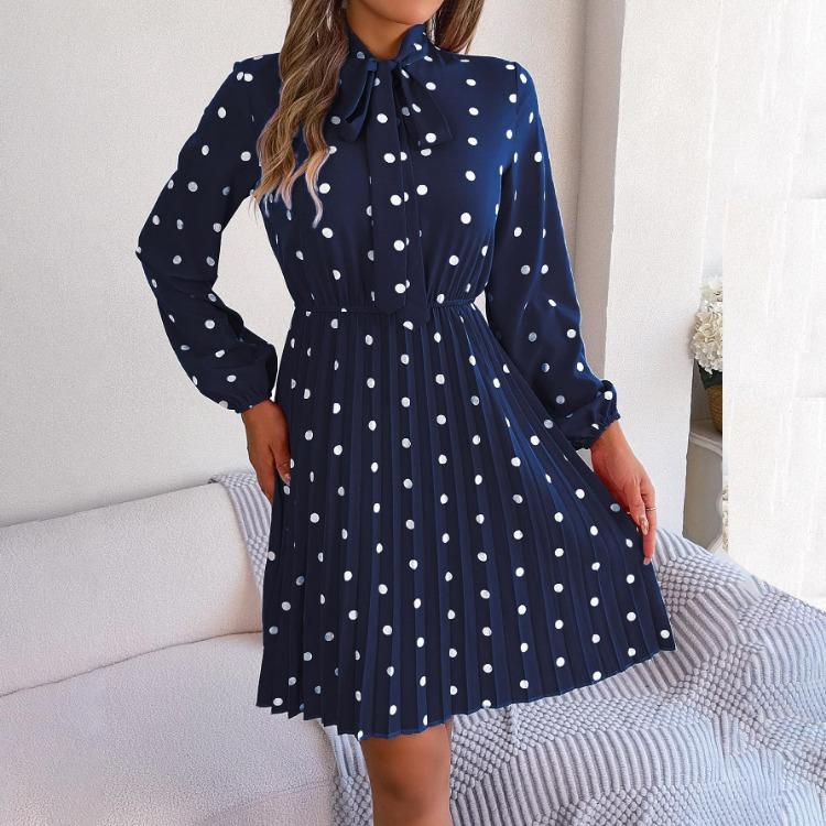 High Waist Women's Long Sleeve Dress Lace Up Pleated Dot Temperament Autumn Winter
