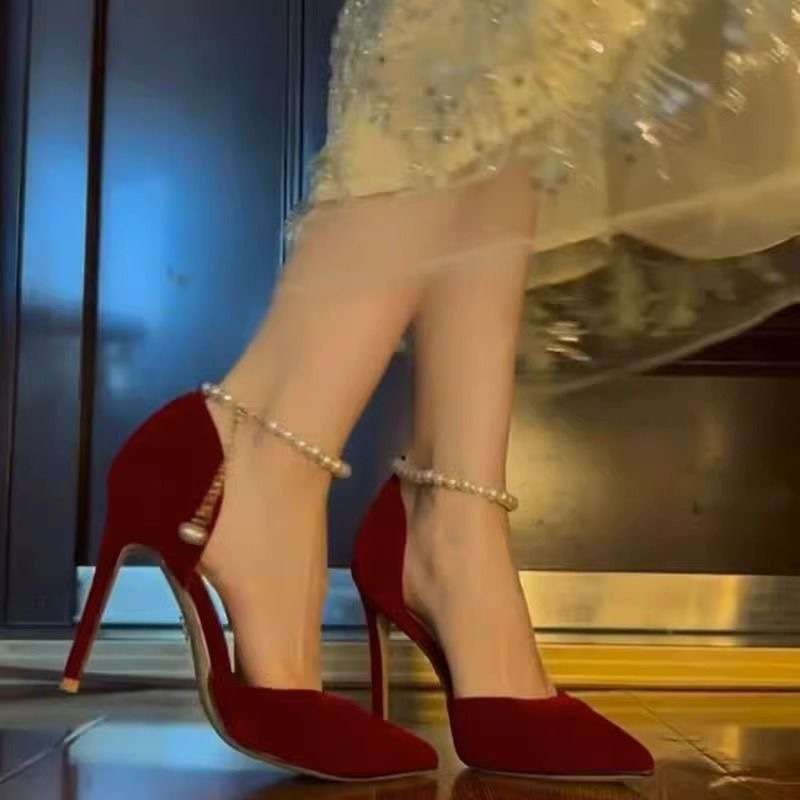 Red High Heels High Sense 2025 New Foreign Style Pearl Thin Heel Pointed Single Shoes Adult Gift Shoes Wedding Shoes Two Wear