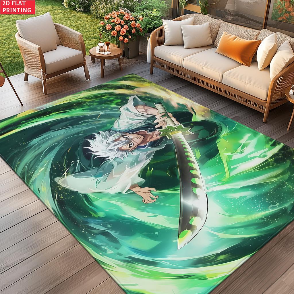 Anime Swordsman Area Rug, Green Wind Theme Non-slip Floor Mat,Decorative Carpet for Gaming Room Bedroom,Washable Home Decor Gift