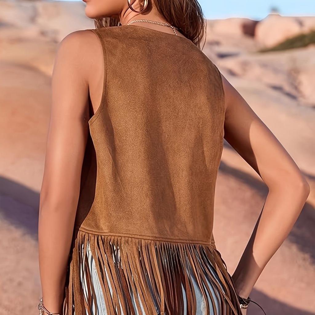 Damen Frühling/Sommer Ärmelloser Cardigan mit Fransen, Unifarbene Punk-Jacke