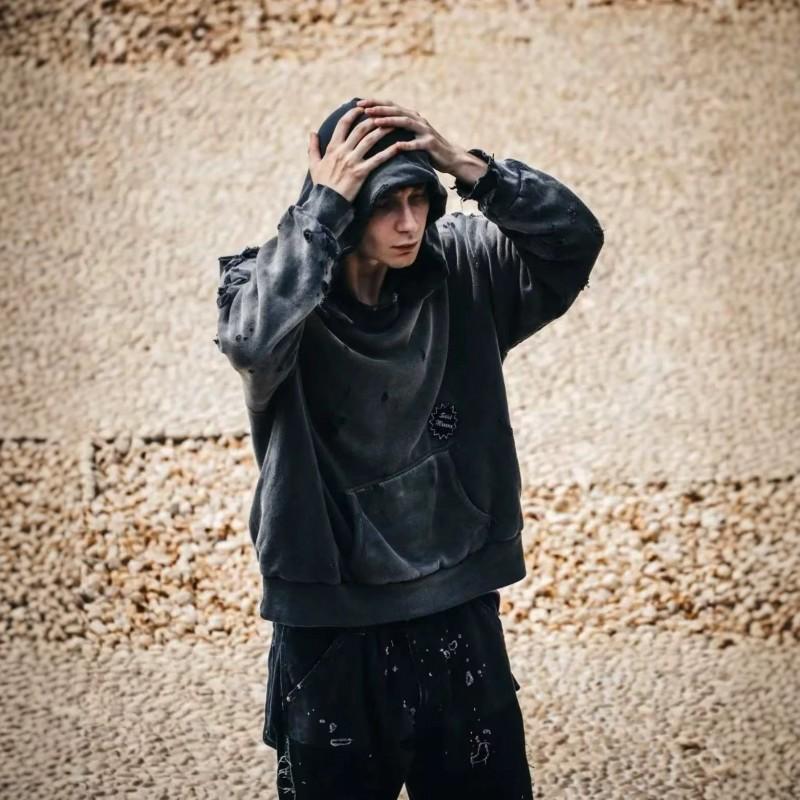 Mens Oversized Distressed Washed Hoodie With Graphic Print Loose Fit Cotton Sweatshirt SS24