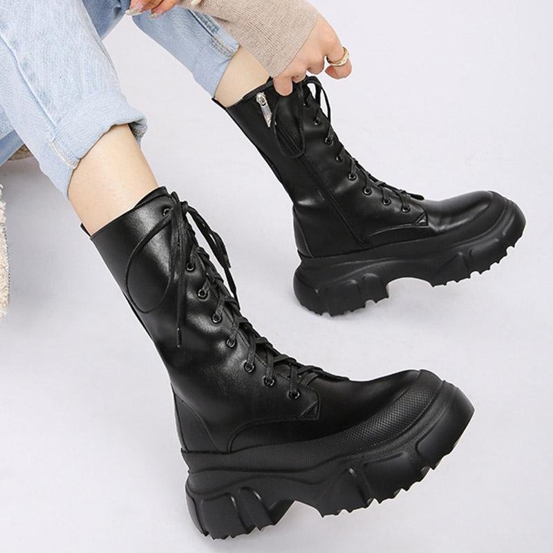 Women Boots Soft Women'S Short Boots Lace-Up Shoes Woman Flat Ankle Boots Black Round Toe Ladies Shoes Platform Female Footwear