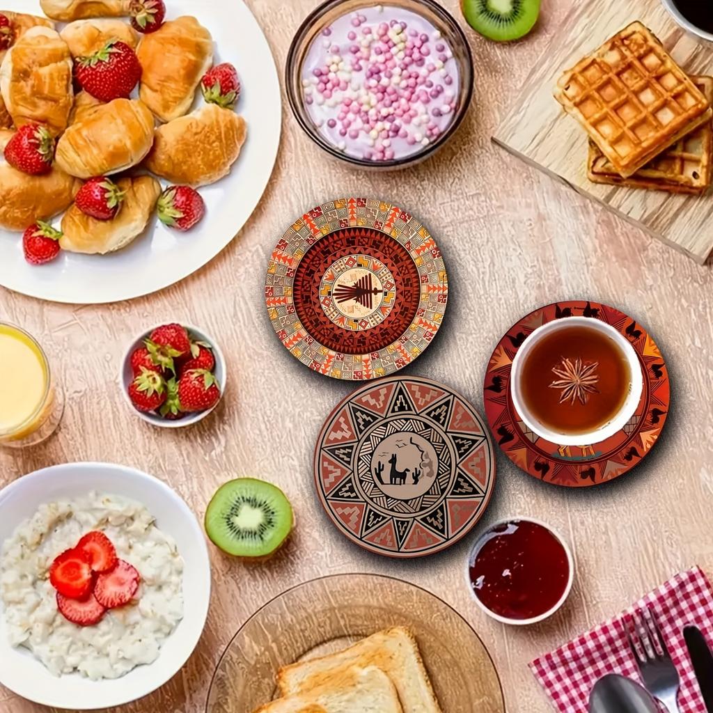 6 Pieces 2D Wooden Coasters Tribal Totem Pattern Theme Desktop Insulation Mats Home Decor Coffee Cup Coasters Office
