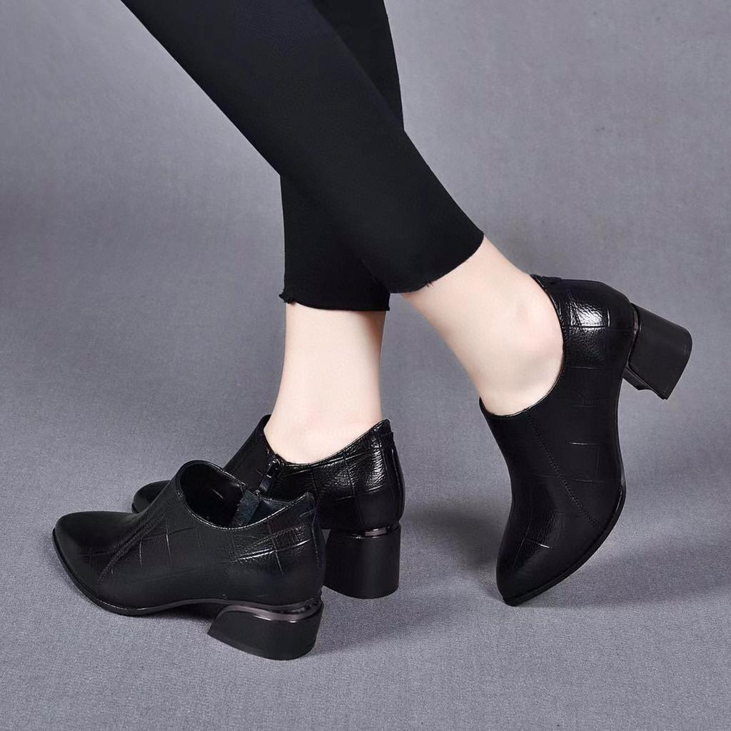 Pointed High Heels Women's Autumn and Winter Deep Mouth Fashion Shoes Embossed Cowhide Thick Heel Side Zipper Leather Shoes