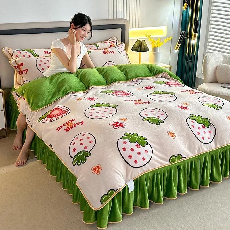 4pcs Double-sided Flannel Duvet Covers Milk Plush Bed Skirt Pillowcase Thicken Four Piece Set Bedding Article Three Piece Winter