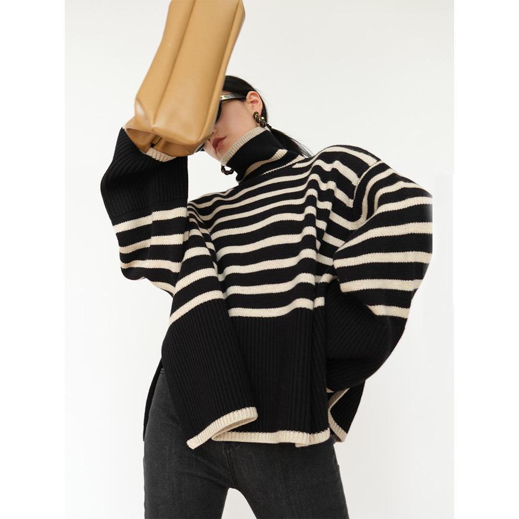Women's High Neck Knitted Sweater - Retro Striped Design, Loose Fit, Autumn/Winter 2023, Korean Style.