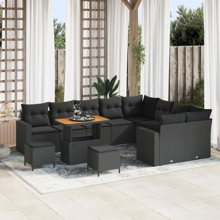 Ensemble de canapé de jardin de 12 pièces avec coussins en rotin poly noir acacia 3363604