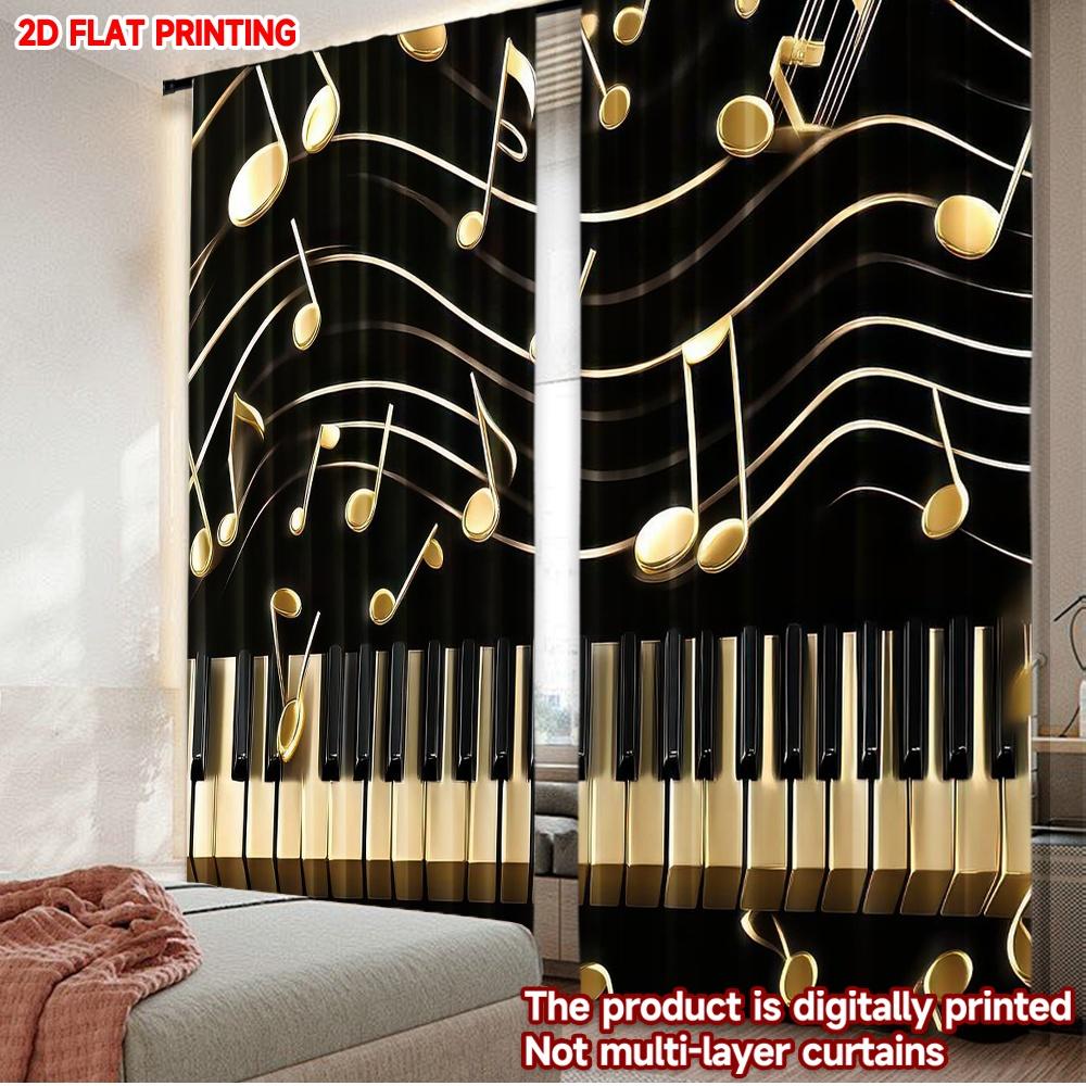 2D flat printing 2pcs Curtain Golden Musical Harmony Digital Printed Polyester Drapes Seasonal Party & Holiday Decor for Holiday