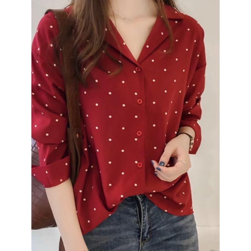 K-style Spring & Fall Hong Kong Fashion Suit Collar Polka Dot Dots Print Single Breasted Long Sleeve Shirt Top Solid Color Shirt