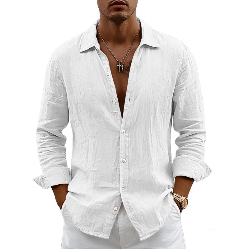 New Men's Solid Color Long Sleeve Shirt Linen Cotton Shirts Trend Plus-size Lapel Collar Casual Lightweight Beach Tops