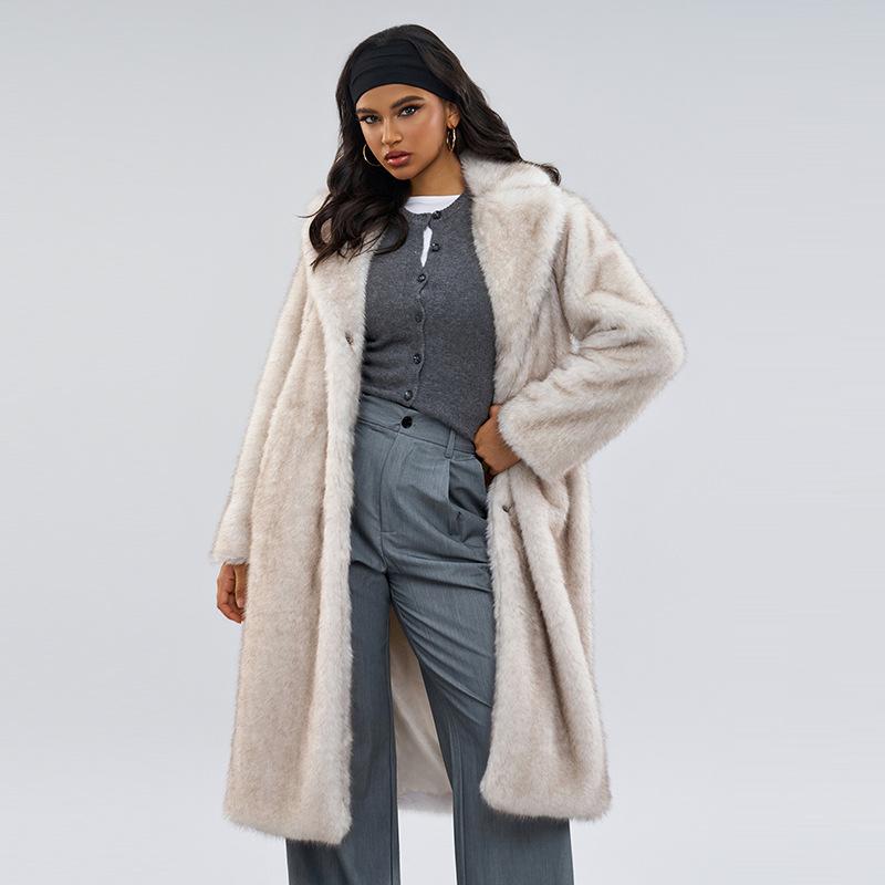Langer flauschiger Kunstpelzmantel für Frauen Winterkleidung Verdicken Sie warme Reverskragen Plüschjacke Oberbekleidung Mantel weiblich