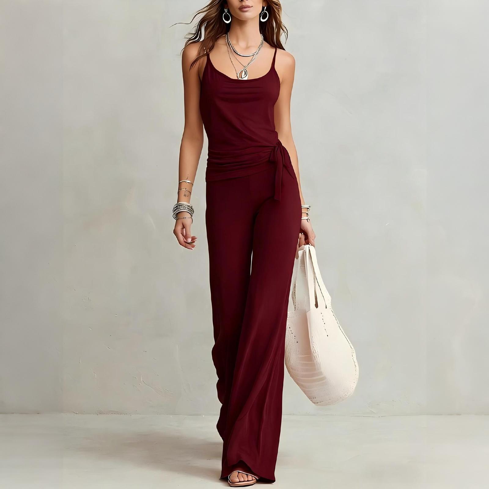 

Women Casual Two Piece Set Sleeveless Tank Top with High Waist Wide Leg Pants Lounge Wear Summer Outfit XL винний
