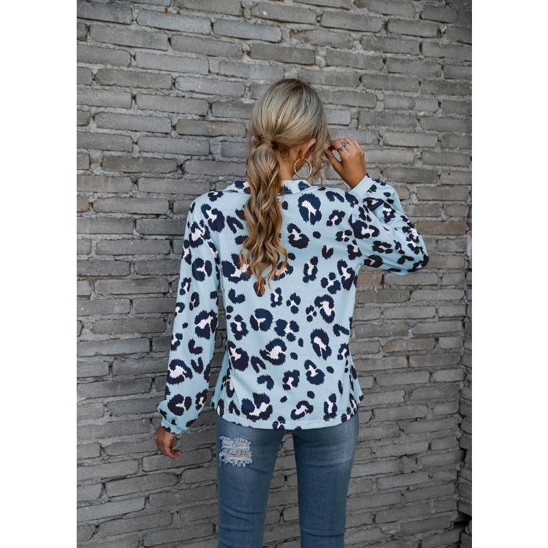 Plus Size Leopard Print V Neck Off The Shoulder Long Sleeved Top for Women
