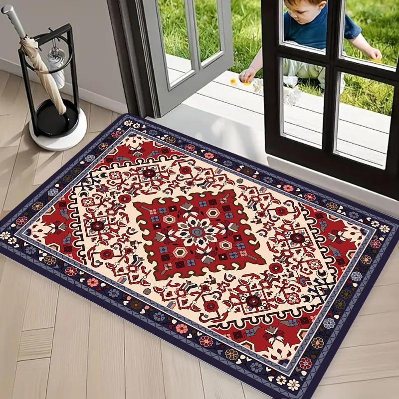 Vintage Orientalischer Geometrischer Medaillon Fußabtreter, Rote und Blaue Tribale Bodenmatte für Eingangsbereich Badezimmer, Traditioneller Hausdekor Teppich