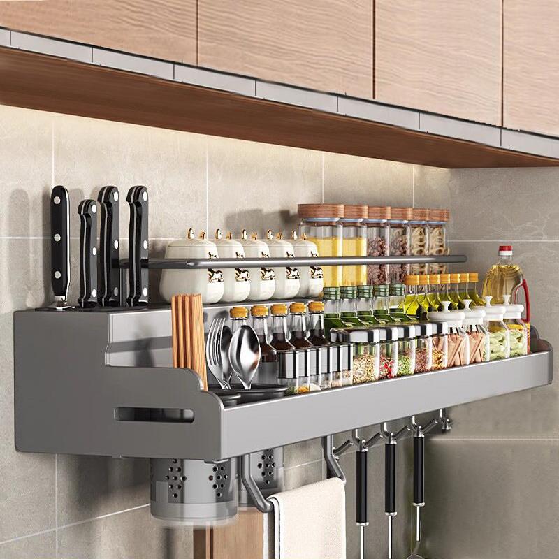 Multifunctional Seasoning Rack Knife Holder W Hook Kitchen Chopsticks Storage Household Hanging Wall-mounted Shelf  No Punching