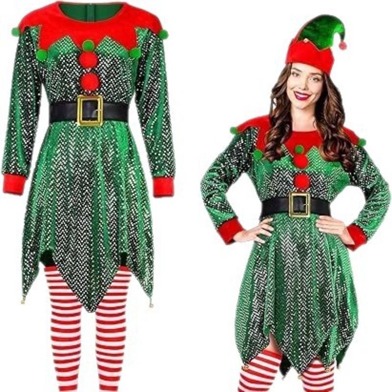 Voksne Kvinner Julenissen Jul Grønn Alvekjole Sokker Hatt Sett Jul Nyttår Cosplay Kostymer Opptreden Rollelek Antrekk