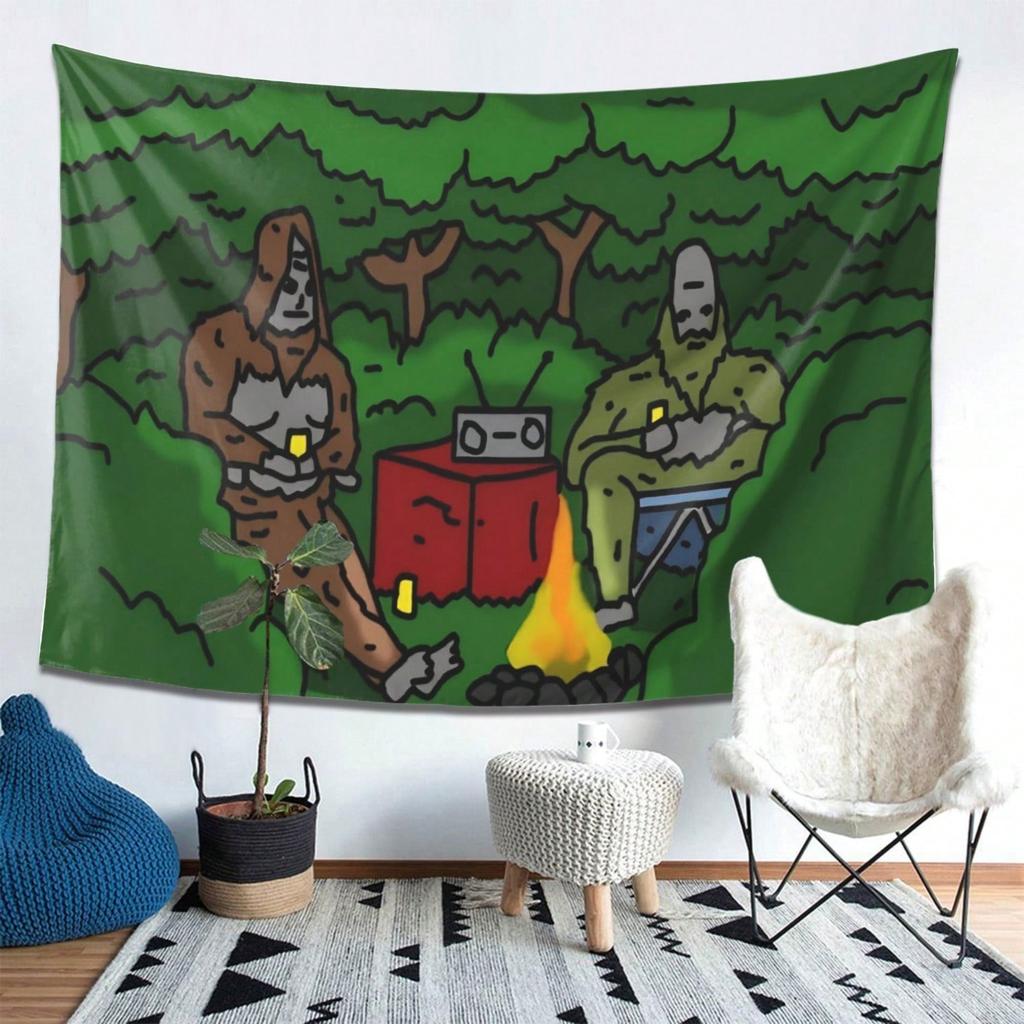 Funny Bigfoot Camping Tapestry, Meme Style Cartoon Print, Green Forest Wall Hanging For Bedroom & Dorm Room