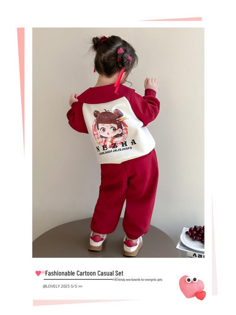 Meng Tang Tang Spring Collection: Korean Style Nezha Hoodie & Cartoon Jacket Set for Baby Girls