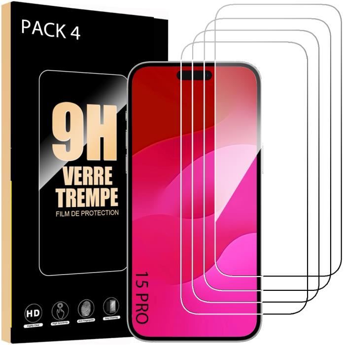 Pack de 4 verres trempés - marque - iphone 15 pro - protection 9h - antichoc - résistant aux rayures
