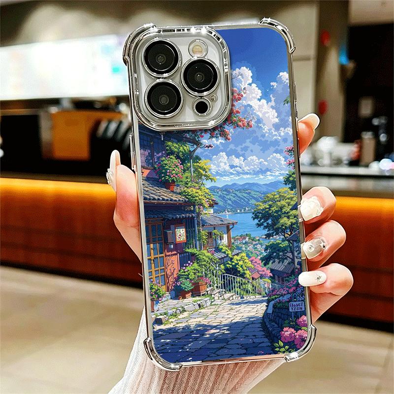 Anime Aesthetic Scenery Plating Phone Case For Iphone 16 17 Pro Max Air 16E 14 15 Plus 12 13 Mini Anti-Fall Airabag Cover