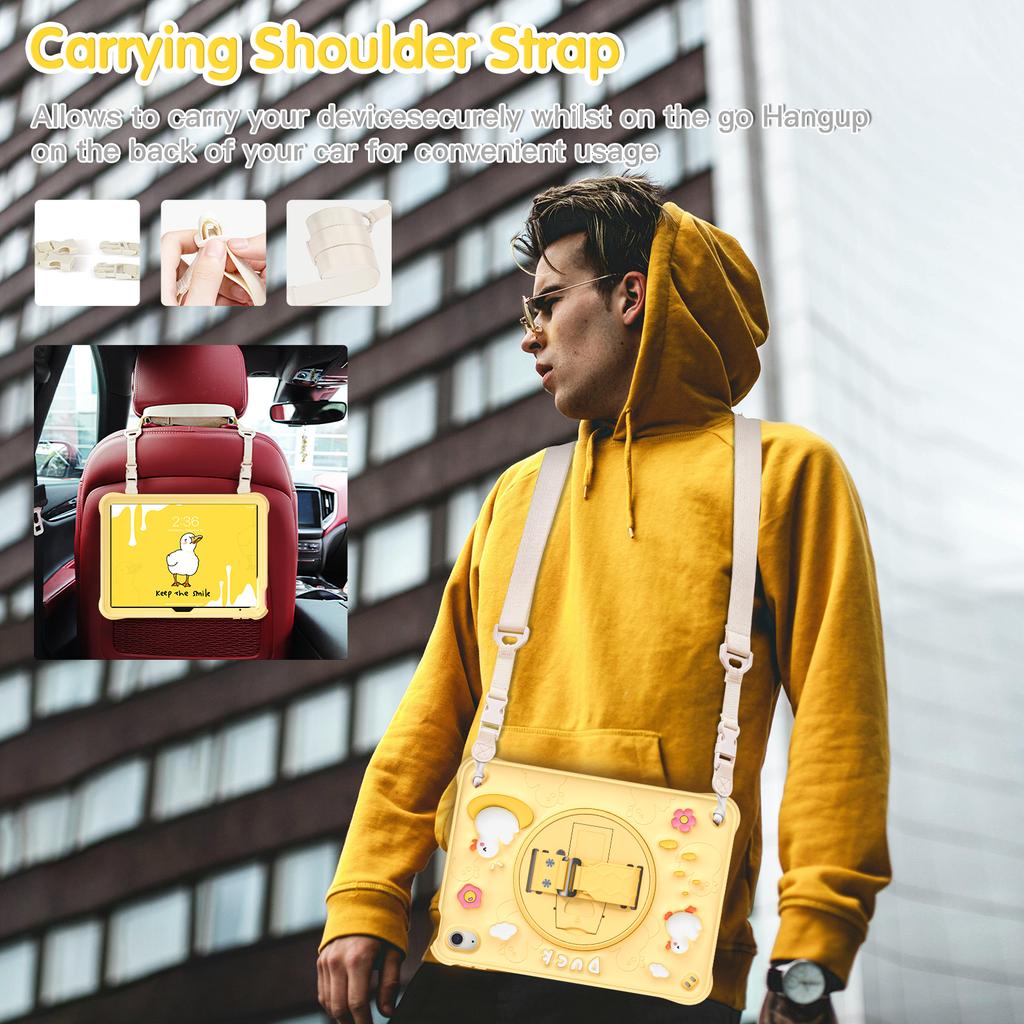 Für iPad (2025)/10.9 (2022) Hülle mit Schultergurt Entenmuster Handschlaufe Aufsteller PC+Silikon+TPU Abdeckung