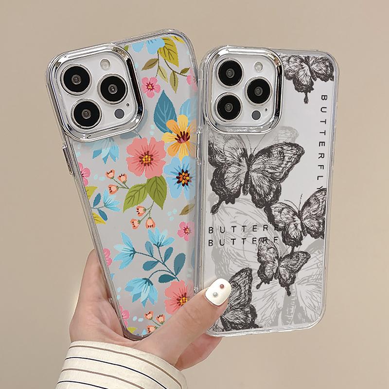 Electroplating Lens Frame Flower Butterfly Case For iPhone 15 16 Pro Max Plus 12 13 14 Pro 11 Transparent TPU Phone Cover