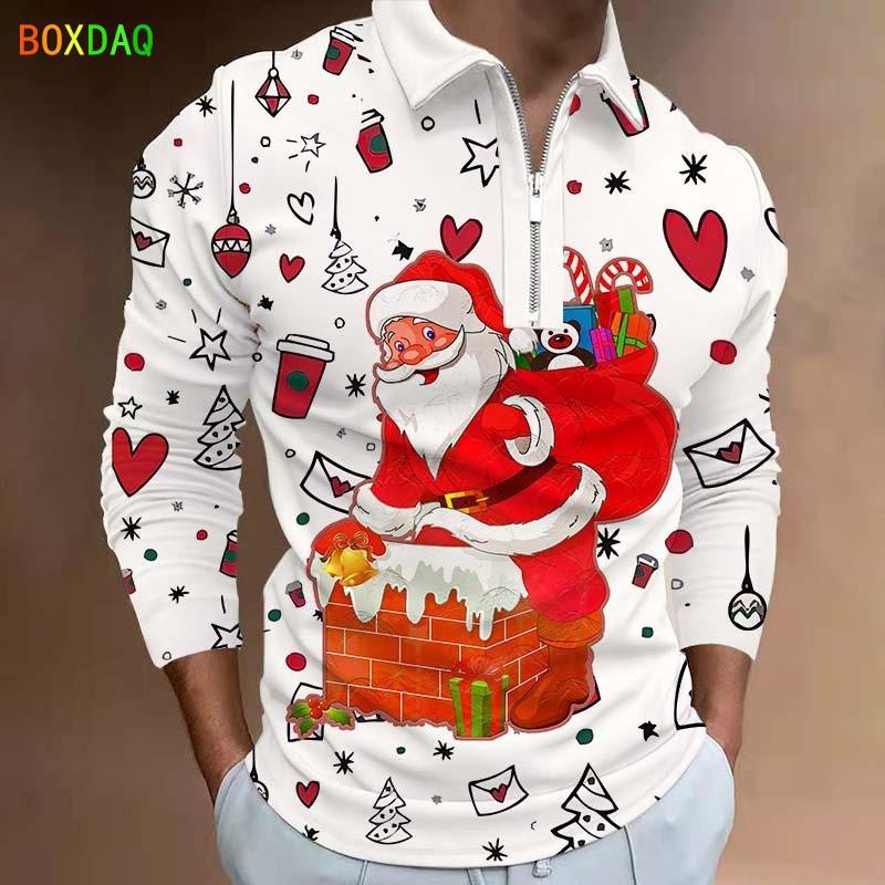 Holiday Essential! Santa Print Long Sleeve Polo Shirt, Casual Festive Top