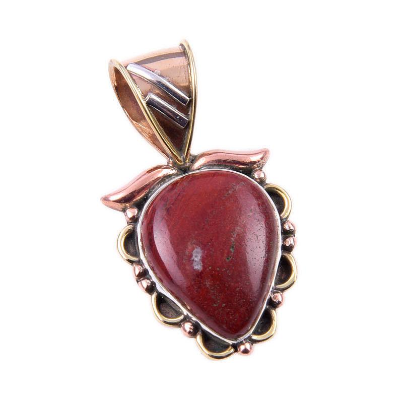 Natural Red Jasper Gemstone 925 Solid Sterling Silver TwoTone Pendant 1.25" V8B32