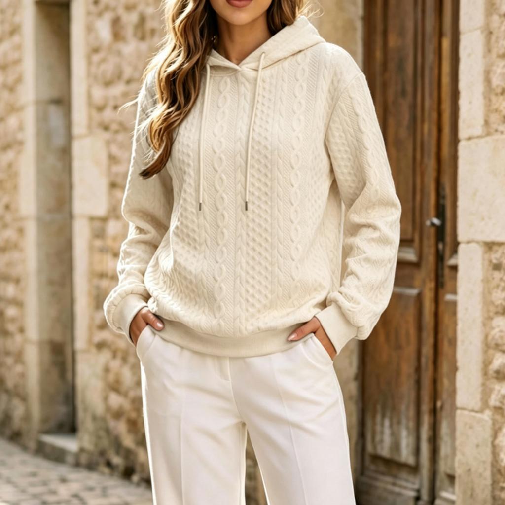 Damenmode Lockerer Pullover mit Kapuze und Zopfmuster