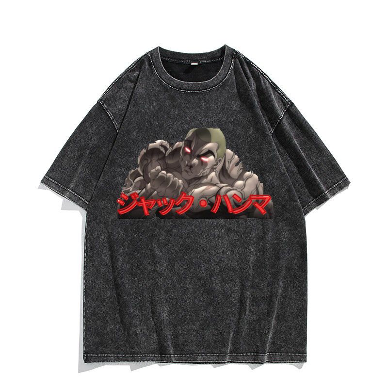 Vintage Washed T Shirt Anime Baki The Grappler Tshirt Hanma Yujiro Gym Short Sleeve Tshirts Oversized Cotton Casual Tee Shirt