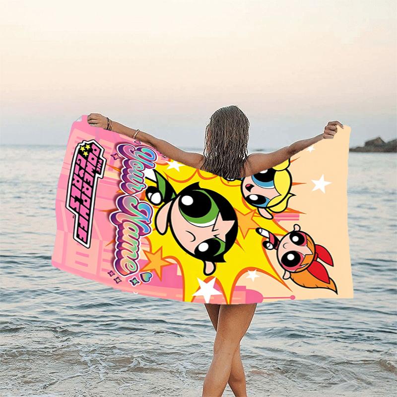 1pc Powerpuff Beach Towel with Custom Name, Beach and Seaside Swimming Pool Equipment, Fashion Pattern, Rectangular, Travel Essential