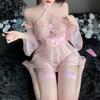 Chinese Ancient Style Cute Floral See Through Halter Dress Pink Kimono Backless Sexy Lingrie Women Outfit Costume