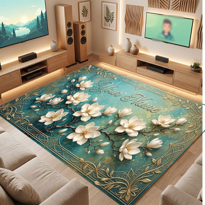 Floral Garden Theme Crystal Velvet Floor Rug Personalized Custom Name Text Warm Carpet Home Decoration