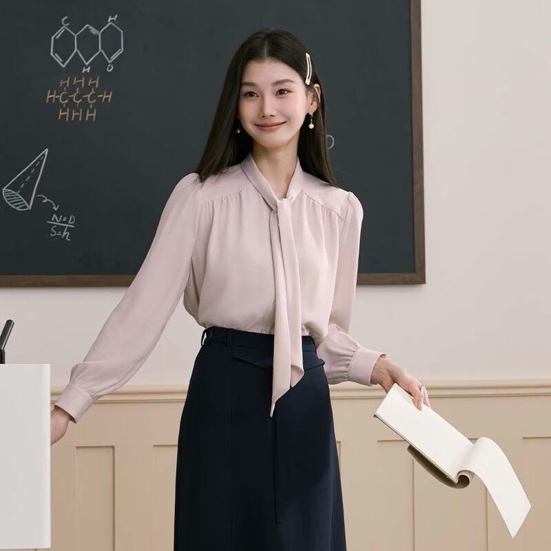 

Women s Pink Long-Sleeve Tie-Neck Blouse S