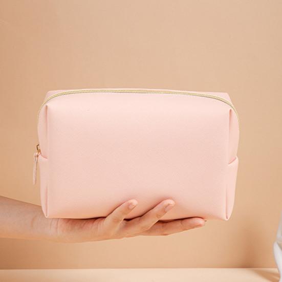 Portable Makeup Bag Faux Leather Cosmetic Bag Waterproof Solid Color Toiletry Organizer for Daily Use Travel Business Trip