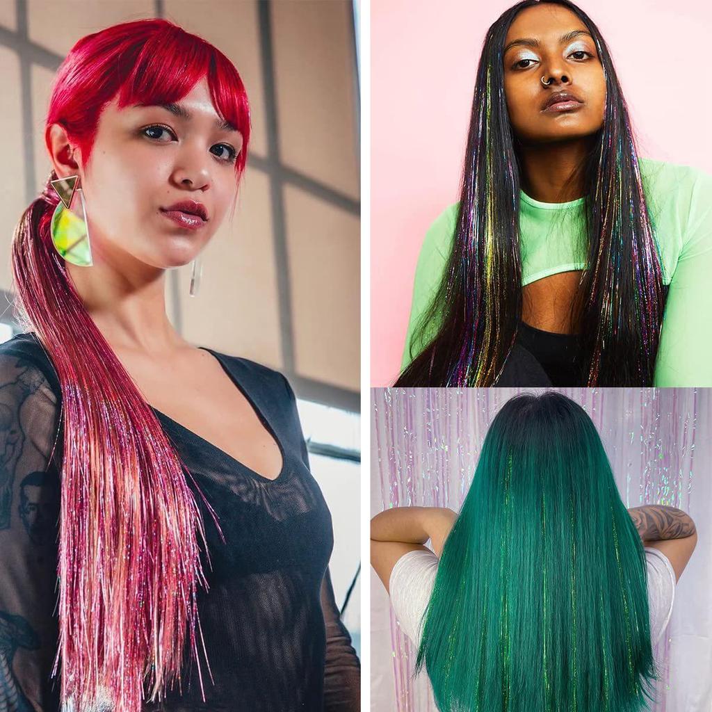 Gold Laser Tinsel Hair Extensions - Shiny Metal Wire, Colorful and Seamless.