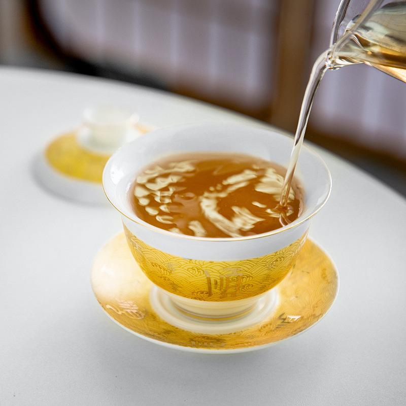 Jadekeramik mit Emaillefarbe, Palaststil, Haushalts- und Büro-Teeset, Große Drei-Talente-Gaiwan