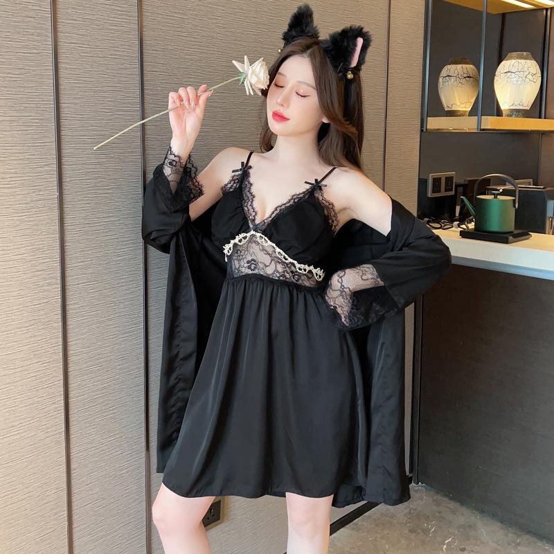 Female Sexy New Pajamas with Chest Pads, Suspenders, Spring and Summer Simulated Silk Pajamas, Two-piece Set, Bathrobes, Loungewear