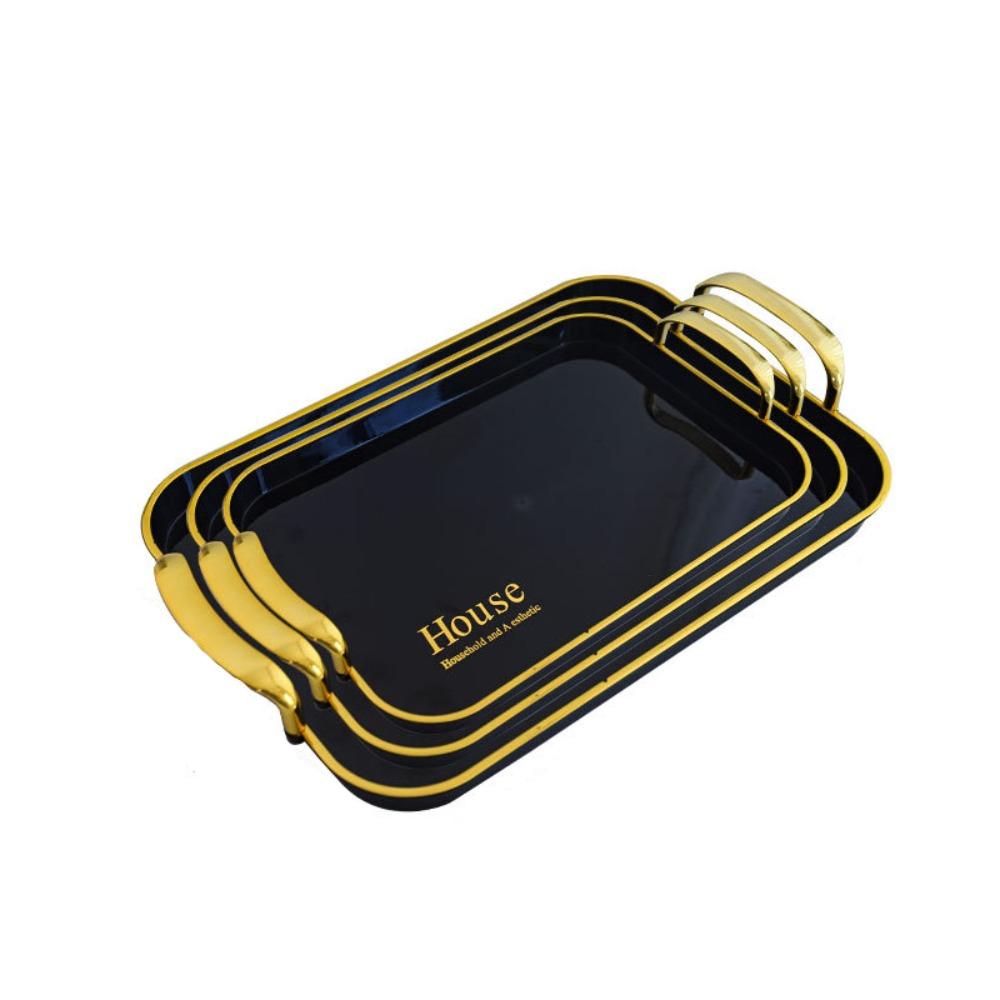 3PCS Light Luxury Plastic Tea Tray Set Golden Handle Rectangular Dessert Tray Stackable Thickened Brunch Tray Fruit