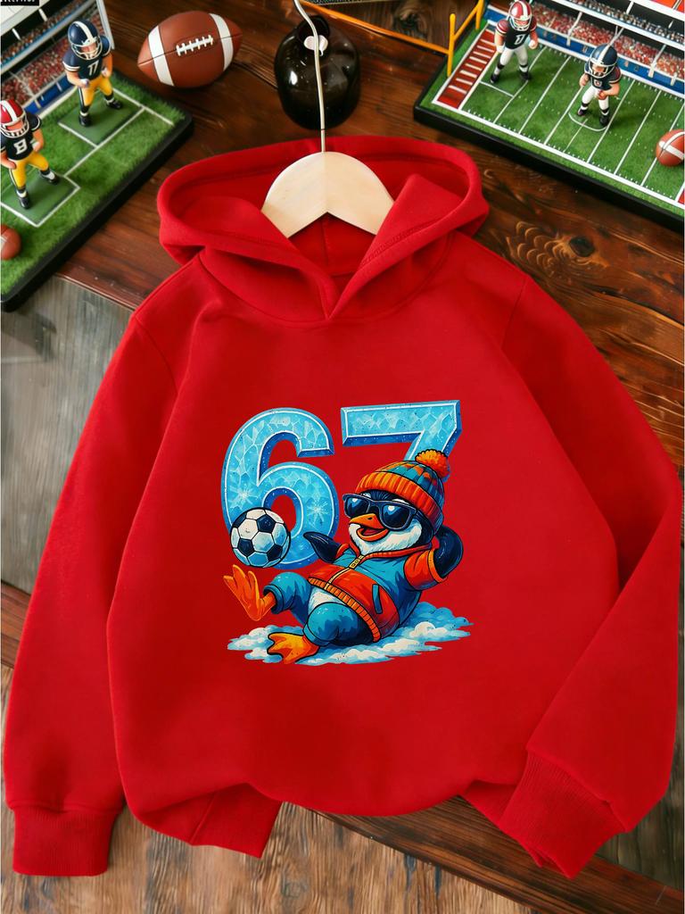 New trendy hooded sweatshirts for boys and girls, featuring a penguin print and a fun, quirky design with the number 67.