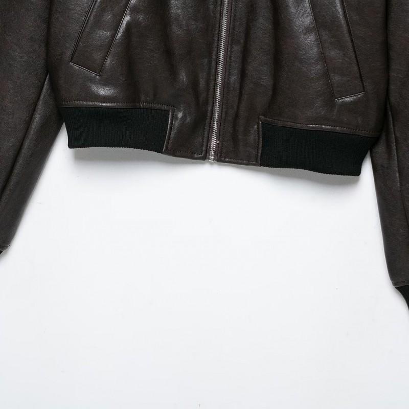 Womens Faux Leather Pilot Jacket Streetwear Short Length Stand Collar Zip Up Casual Outerwear