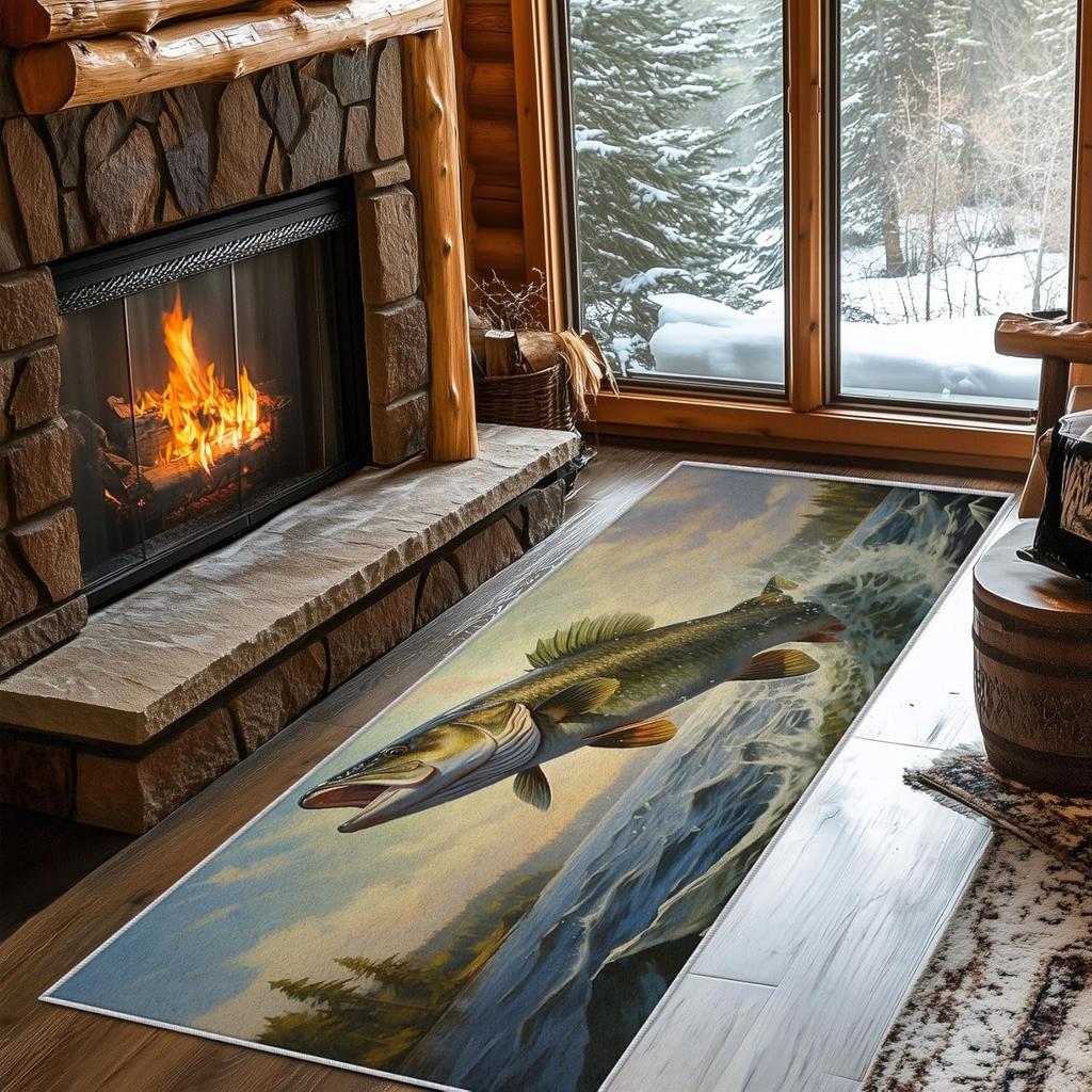 Fish Print Carpet Outdoor Theme Fish Pattern Floormat Absorbent Non-Slip Rug for Bedroom Living Room Kitchen Study Hallway