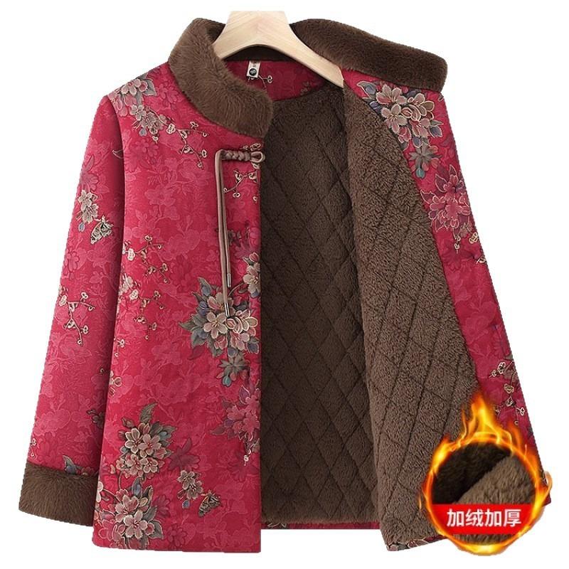 Medium-sized elderly clothes with velvet small cotton-padded clothes, old lady clothes, stand-up collar cotton-padded jacket, Chinese New Year clothes