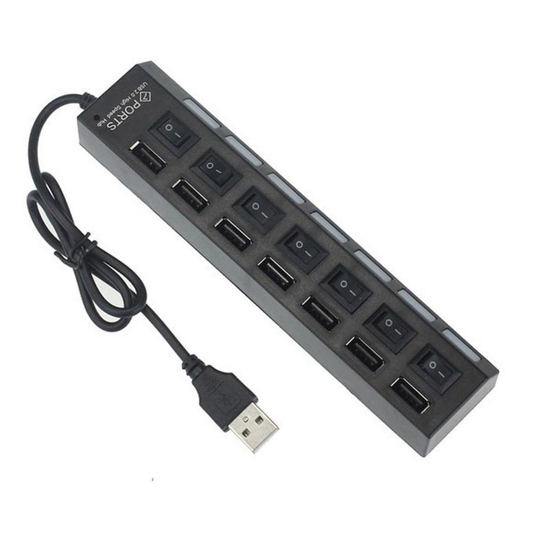 7 Ports LED USB 2.0 Adapter Hub Power On/off Switch for PC Laptop BK