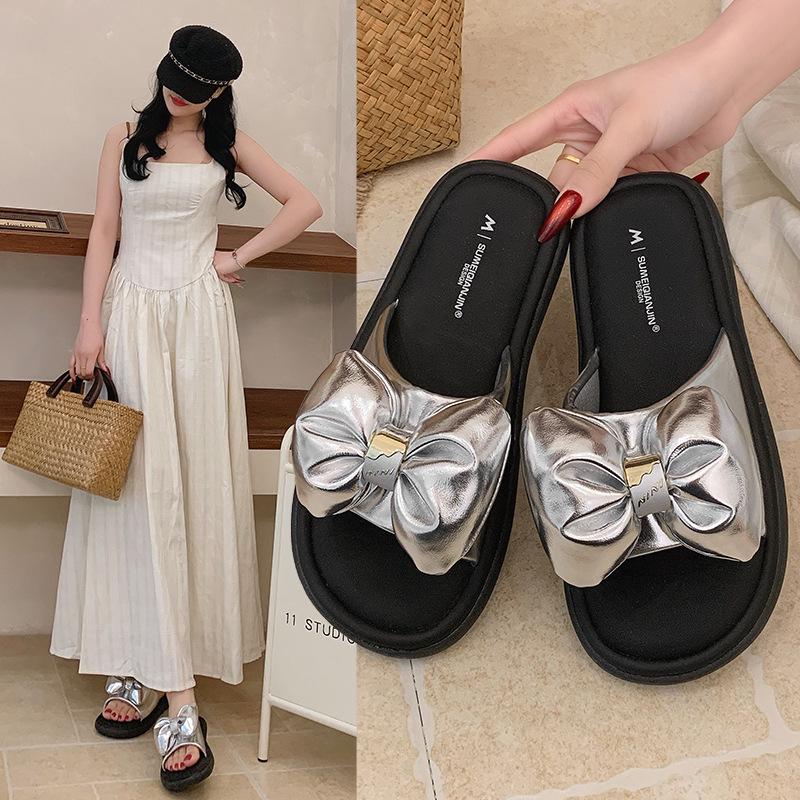 Fairy Style Bow Non-Slip Thick Sole Flip-Flops for Women - Summer 2026 Outdoor Soft Sole Casual Sandals